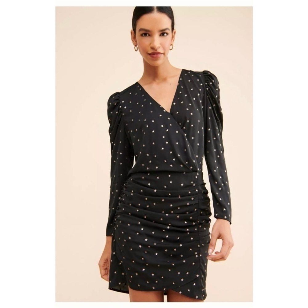 Current Air Dew Drop‎ Star Mini Dress Black Ruched Long Sleeve Puff Shoulder S